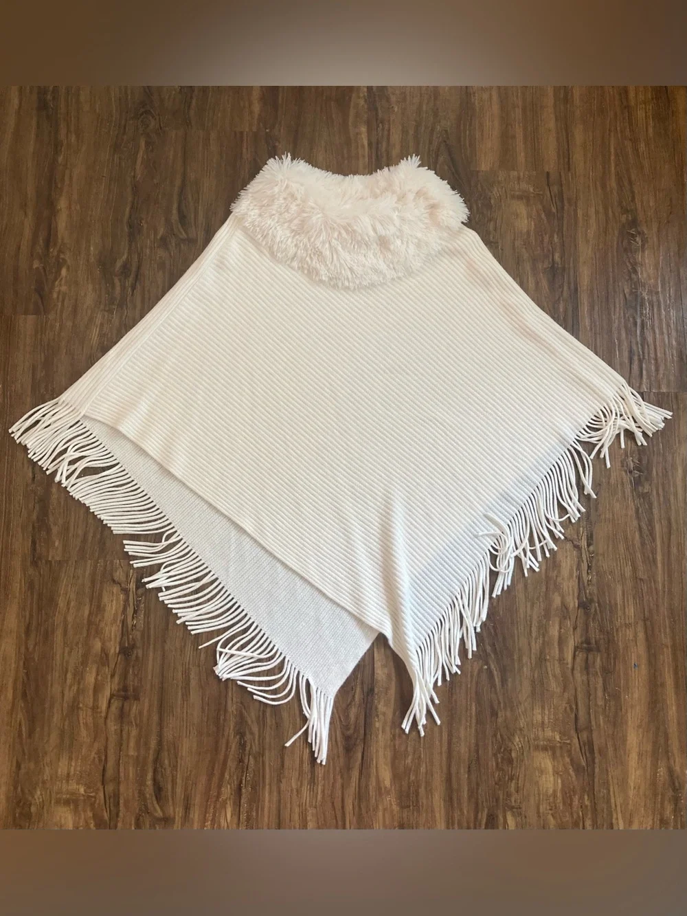 Cozy Cream Fringe Poncho with Faux Fur Collar Women’s One Size